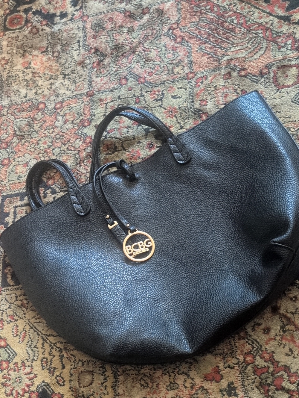 BCBG Black & Red Pebbled Leather Tote with Gold Logo Charm
